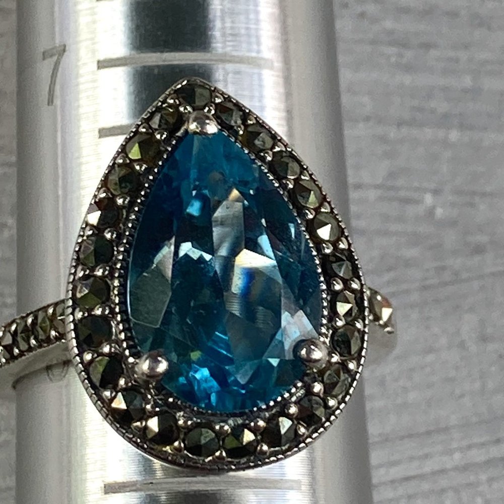 Large CNA blue teardrop topaz and marcasite sterling silver ring